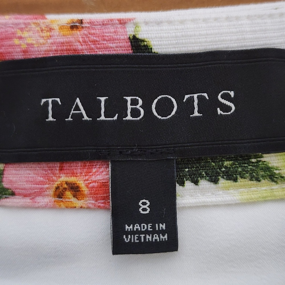 Talbots A-Line Skirt White Womens 8 Pink Floral Hibiscus Box Pleat Wedding Guest - Picture 7 of 8